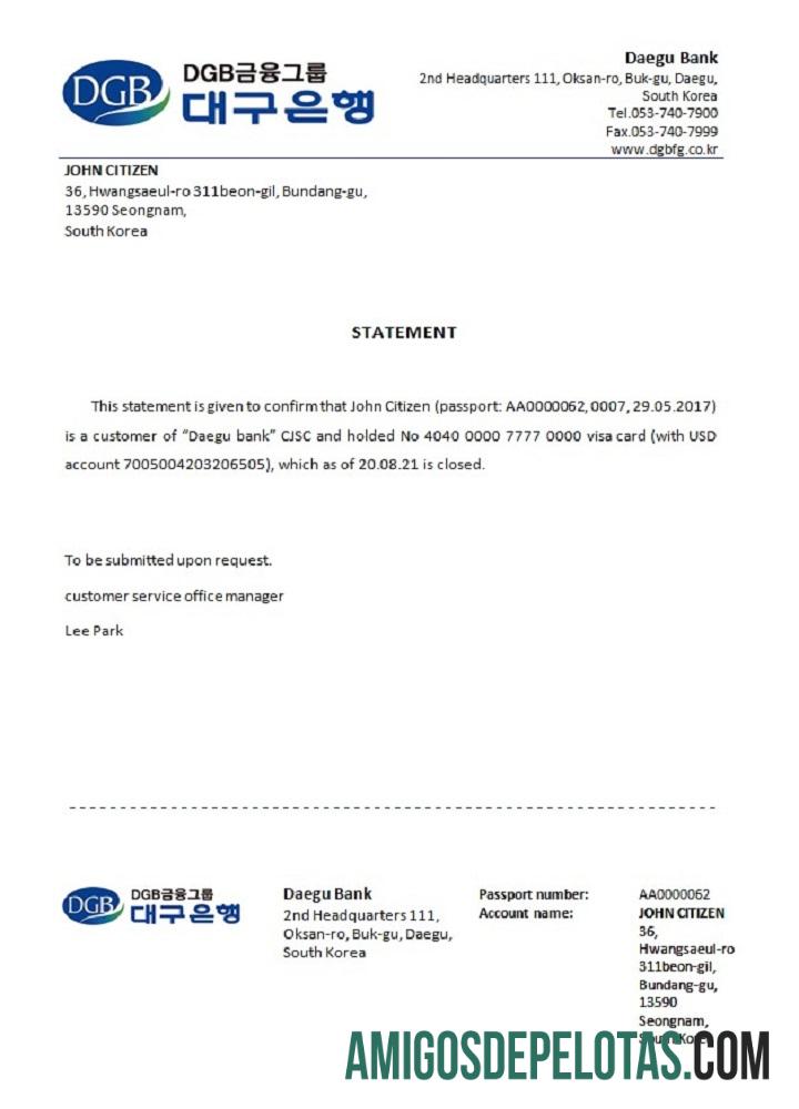 Referência de fechamento do banco DGB da Coreia do Sul amostra